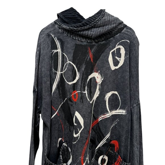 Jess & Jane Abstract Top Plus Size 1X Gray Cowl Neck Tunic Tee Pockets Turtlenec - Picture 4 of 10